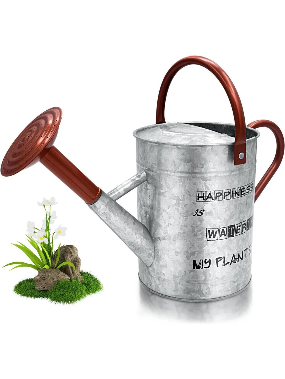 Ryan Design Silver Watering Can Metal Indoor Outdoor Happiness Is Watering Plant
